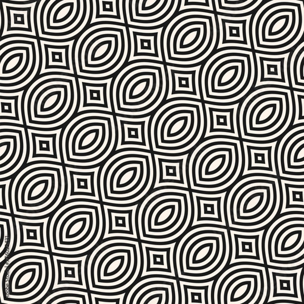 Fototapeta Vector monochrome abstract geometric seamless pattern in arabesque style. Black and white background with curved lines, simple shapes, diagonal grid. Elegant minimal ornament texture. Repeating design