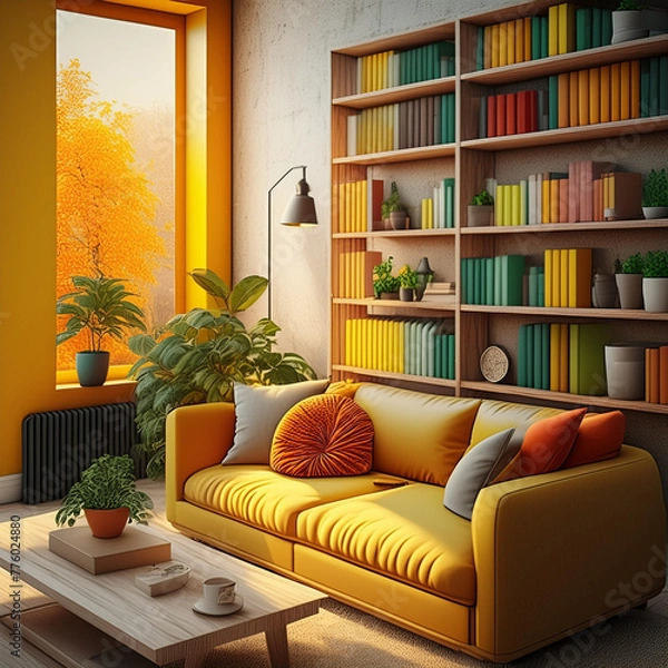 Obraz Warm interior design, inviting apartment aesthetic, bookcase, sofa carpet, 3d rendering