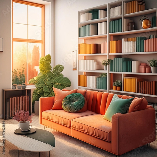 Obraz Warm interior design, inviting apartment aesthetic, bookcase, sofa carpet, 3d rendering 