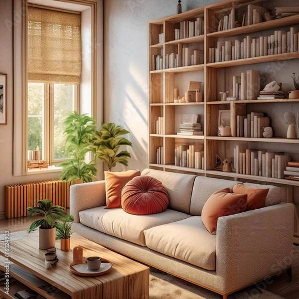 Obraz Warm interior design, inviting apartment aesthetic, bookcase, sofa carpet, 3d rendering