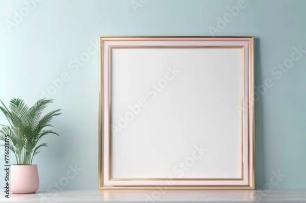 Fototapeta Picture Frame on Shelf Next to Potted Plant mockup