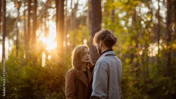 Obraz couple in love in the forest at sunset on a date hugging in a coat in the summer. Cinematic love story