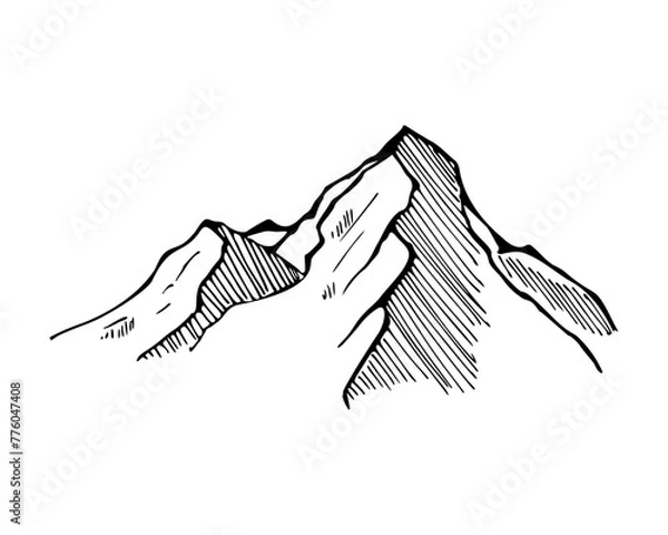 Obraz Vector sketch of mountains. Hand drawn illustration with black ink on isolated background. Nature engraving. Monochrome drawing of rocky peaks in line art and doodle style