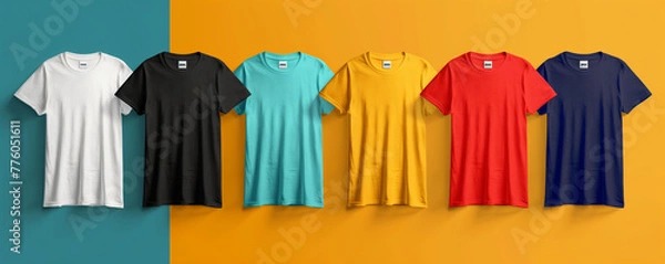 Fototapeta Colorful t-shirts lined up on dual-tone background.