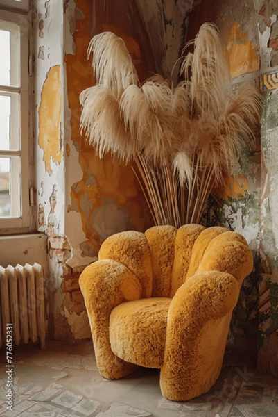 Fototapeta A simple, yellow chair is positioned beside a window in a room. The chair is unoccupied, bathed in natural light from the window. The room appears clean and uncluttered.