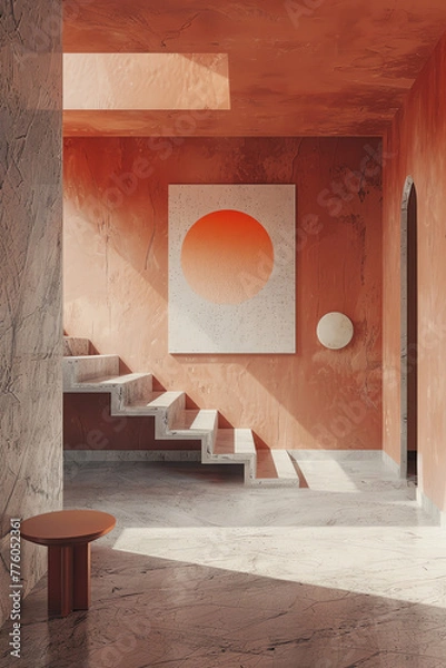 Fototapeta A room with a painting hanging on the wall and a staircase leading to another level. The stairs are wooden, and the room is well-lit, showcasing the artwork and architectural elements.