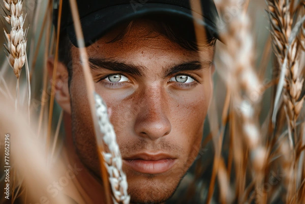 Fototapeta A close-up view of a man wearing a baseball cap, with focus on the details of the cap and facial features. The person appears to be engaged in some activity.