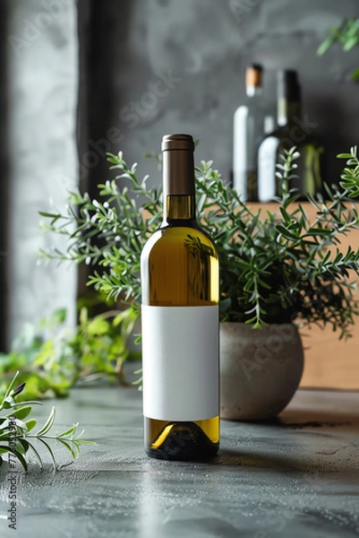 Fototapeta A single bottle of wine is placed elegantly on top of a wooden table, surrounded by a simple setting. Perfect for packaging mockups.