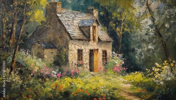 Fototapeta A realistic painting of a house nestled among tall trees in a dense forest. The house is prominently featured in the center of the composition, surrounded by lush green foliage.