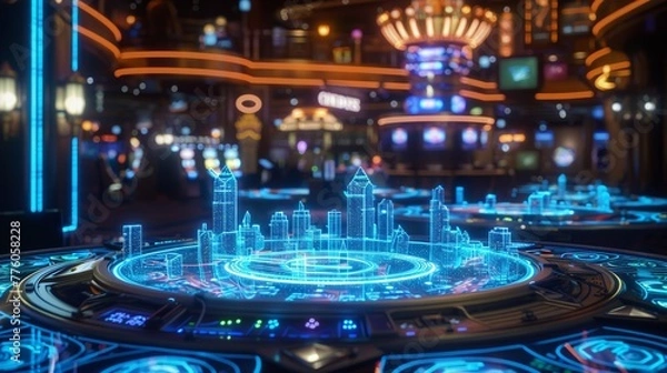 Obraz A virtual casino with holographic gaming tables, digital currency slots, and immersive betting arenas , sci-fi tone, technology