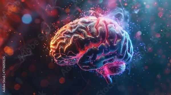 Fototapeta Abstract rendering of the human brain, illuminated by a vibrant array of light and textures.