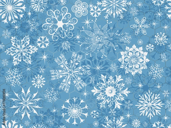 Obraz Vector hand drawn blue Christmas seamless pattern with vintage snowflakes and stars