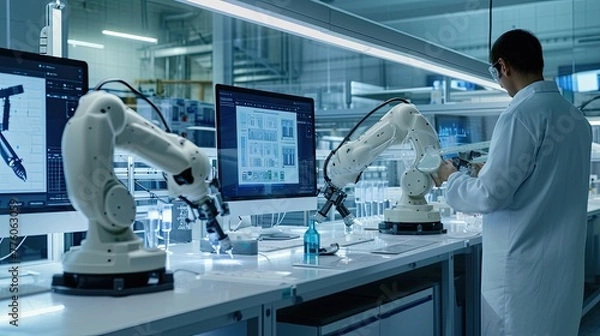Fototapeta modern high-tech laboratory, people and robotic assistants work with chemical reagents, a robotic arm manipulator helps a scientist in research, medical development, robotics, AI generated