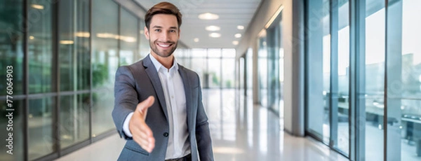 Fototapeta Confident businessman extending a handshake in a modern office corridor. Welcoming gesture from a smiling professional in a well-lit, contemporary workspace.