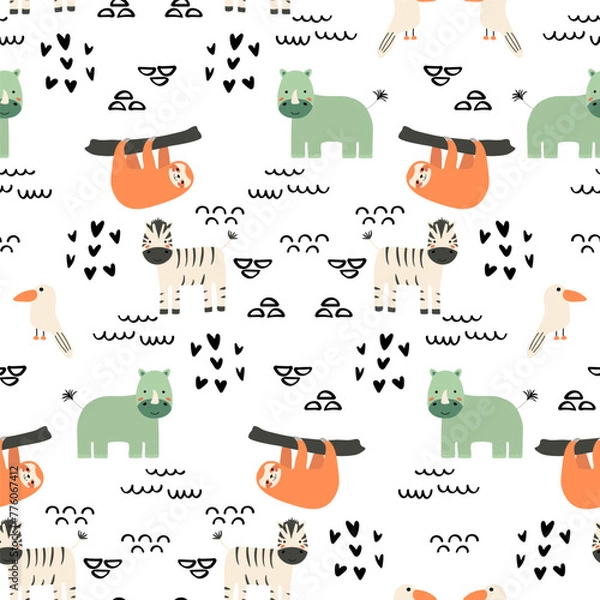 Fototapeta Vector seamless pattern with sloth, hippopotamus, zebra, bird.Tropical jungle cartoon creatures.Pastel animals background.Cute natural pattern for fabric, childrens clothing,textiles,wrapping paper.