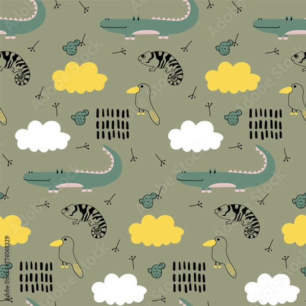 Fototapeta Vector seamless pattern with crocodile, chameleon, bird.Tropical jungle cartoon creatures.Pastel animals background.Cute natural pattern for fabric, childrens clothing,textiles,wrapping paper.