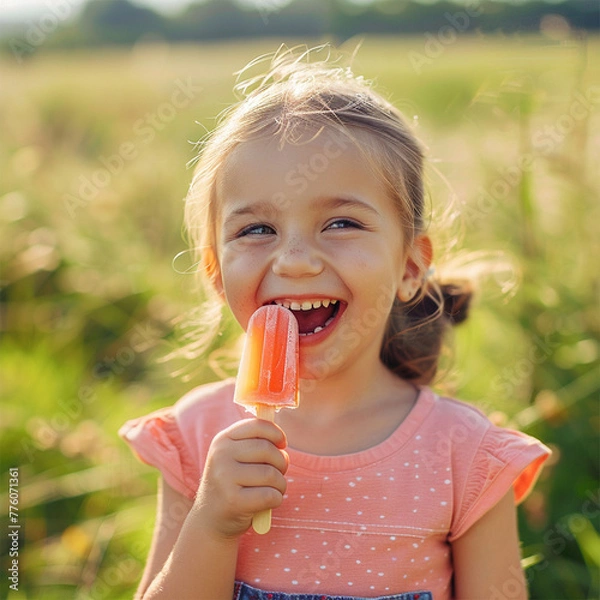 Obraz happy and smiling little girl eating a popsicle on a hot summers day in her backyard