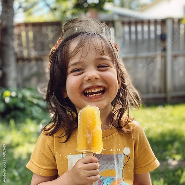 Fototapeta happy and smiling little girl eating a popsicle on a hot summers day in her backyard
