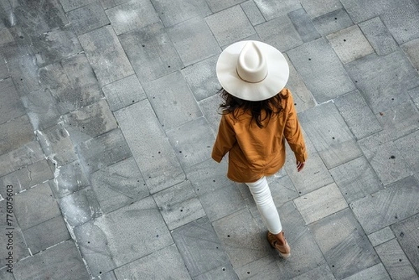 Fototapeta Urban Explorer in Monochrome, top-down view of a woman in a chic white hat and mustard jacket, confidently striding across a textured urban pavement, encapsulating a sense of discovery and style