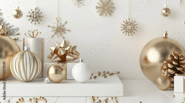Obraz Gold and White Shiny Christmas Decorative Items on White Stage Mock-Up