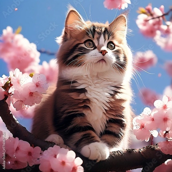Obraz a cute cat looking at cherry blossoms. Generative AI