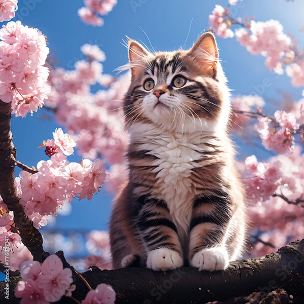 Obraz a cute cat looking at cherry blossoms. Generative AI