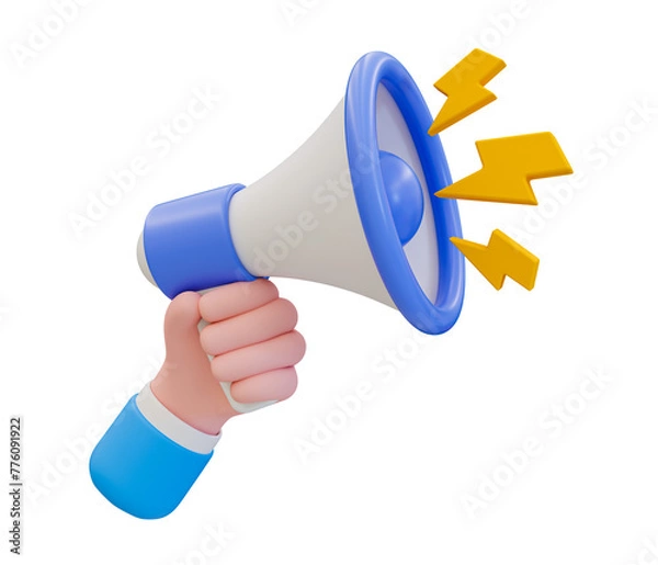 Fototapeta 3d minimal marketing or advertising concept. special offer. hand holding a megaphone with lightning icons. 3d illustration.