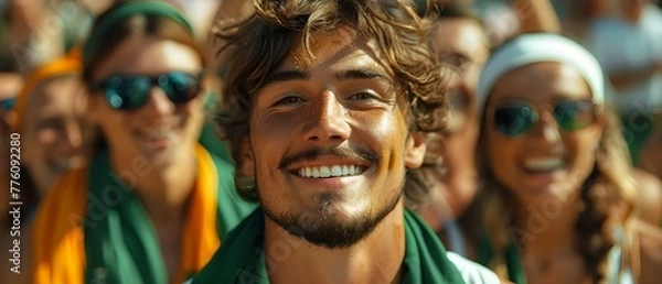 Fototapeta Enthusiastic Fans in Green and White Attire Celebrating Soccer Team's Victory with Chants and Cheers. Concept Sports Fans, Celebrations, Victory, Soccer Team, Enthusiasm