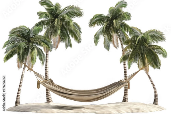Fototapeta Tropical scene with palm trees and a hammock suggesting relaxation and vacation vibes on an island transparent background