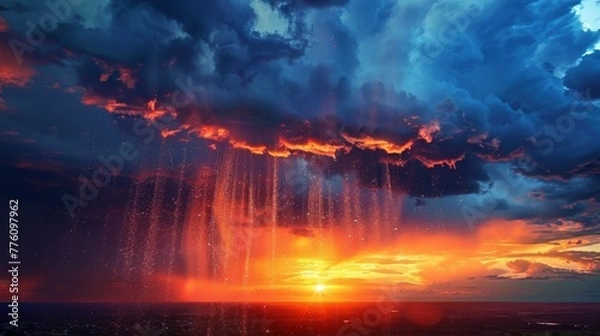 Fototapeta A beautiful sunset with a stormy sky in the background. The sky is filled with clouds and the sun is setting