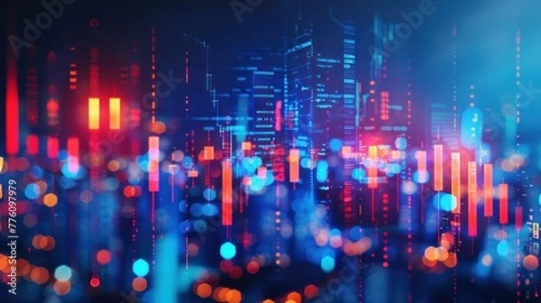 Fototapeta Defocused blurred cityscape background with candlestick chart investment