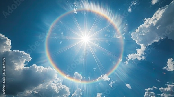 Fototapeta A rainbow is seen in the sky above a blue sky. The sun is shining brightly, creating a beautiful and serene atmosphere