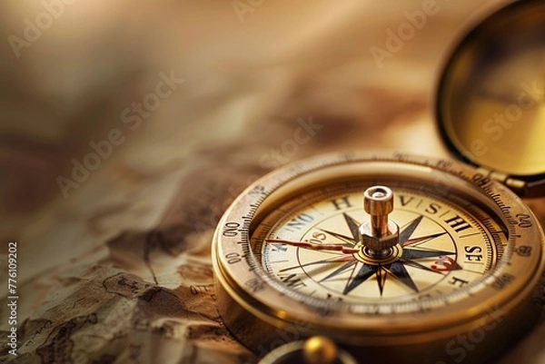 Fototapeta Macro shot of a compass needle, finely detailed against a soft, earthtoned backdrop, evoking a sense of adventure and mystery