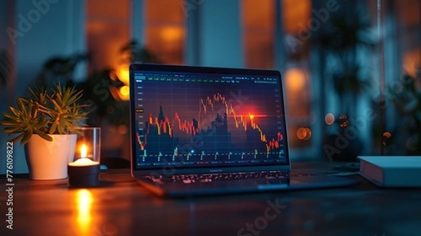 Fototapeta Modern office ambiance with a glowing laptop screen, charts of stock market peaks