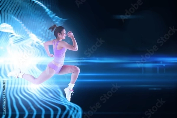 Fototapeta Composite image of fit brunette running and jumping