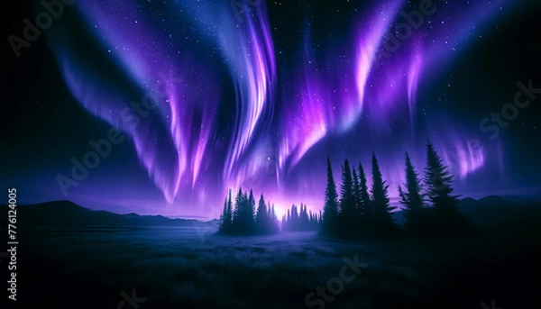 Fototapeta 夜空に紫のオーロラが渦巻いている神秘的な景色。A breathtaking scene of purple auroras swirling in the night sky, casting a mystical glow over a serene landscape. The setting is remote and untouched.