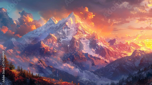 Fototapeta A mountain range with a bright orange sky in the background