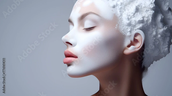 Fototapeta Beautiful cute face of a girl in profile as an advertisement for facial care or an art object, a layer of white cream is applied to fair skin, the hair is covered with a thick white layer