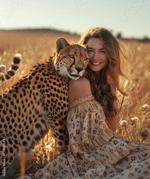 Obraz A smiling woman in a cheetah print dress poses with her pet cheetah tiger on the savanna, in the style of a National Geographic photo