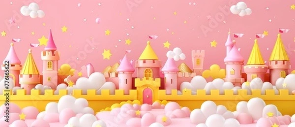 Obraz   A pink castle with stars and clouds on a pink backdrop; clouds in the foreground, stars in the sky