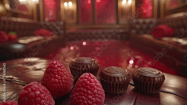 Obraz Luxe spa retreat with velvet loungers, classical music, and a selection of fine chocolates and fruits, solid color background, 4k, ultra hd