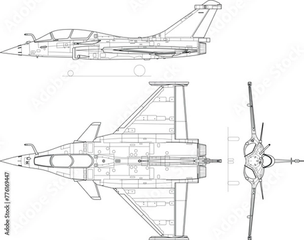 Obraz Fighter jet, plane, drawing, blueprint, outline eps vector illustration, line art, 3 view, cnc cut file, laser engraving, cricut, laser cut file