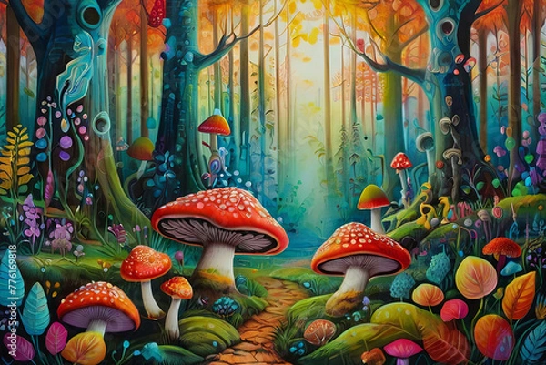 Fototapeta Explore the enchanting depths of a vibrant, detailed painting depicting a whimsical forest adorned with magical trees and mushrooms