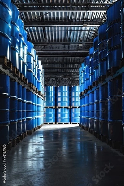 Fototapeta Rows of blue industrial barrels stored in a warehouse. Barrel haven, rows of industrial storage.
