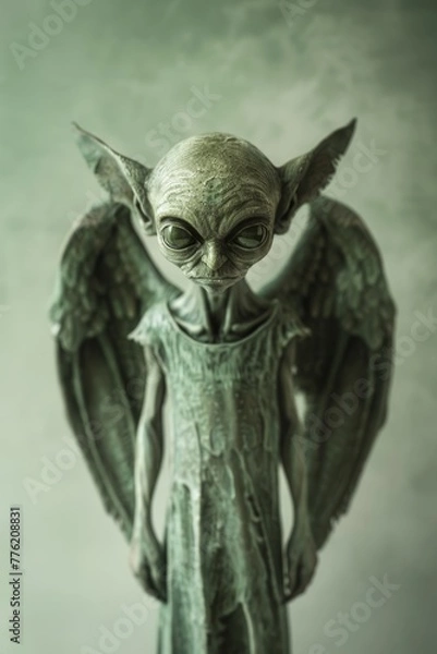 Fototapeta a green alien statue with a green background.
