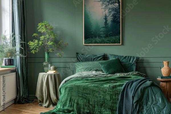 Fototapeta Creative composition of bedroom interior with mock up poster frame, green bedding, wooden side table.