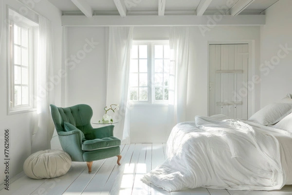 Fototapeta White bedroom with kale green armchair, pouf and double bed.