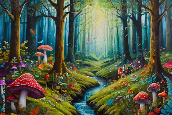 Fototapeta Explore the enchanting depths of a vibrant, detailed painting depicting a whimsical forest adorned with magical trees and mushrooms