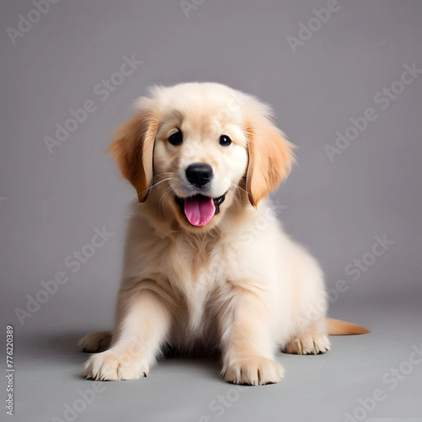 Obraz golden retriever puppy happy face and playing on grey background