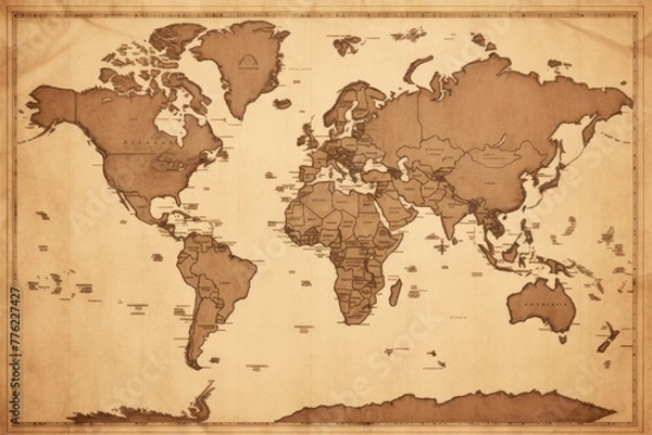 Fototapeta World map, A vintage map of the world in sepia tones, AI generated